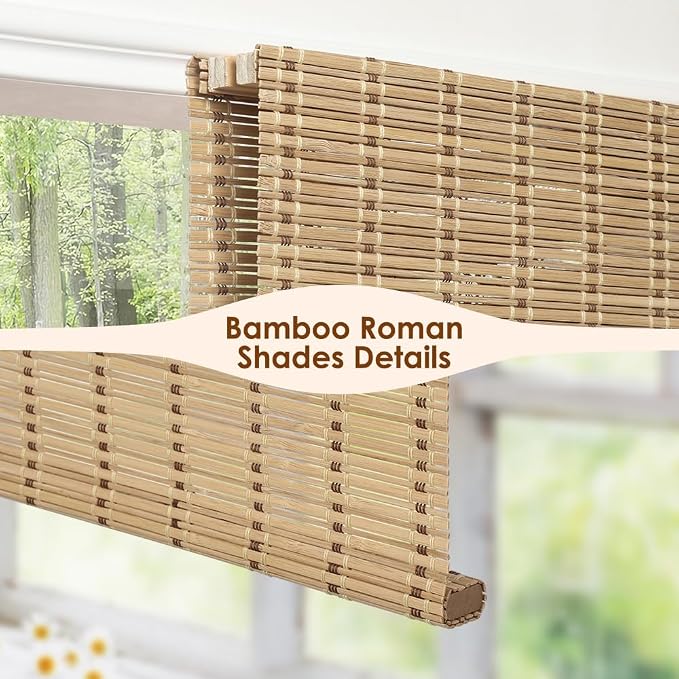 Cordless Bamboo Roman Shades, Light Filtering Bamboo Blinds Shades for Indoor Windows, UV Protection Roll Up Blinds for Home, Office, 32" W x 64" H, Natural