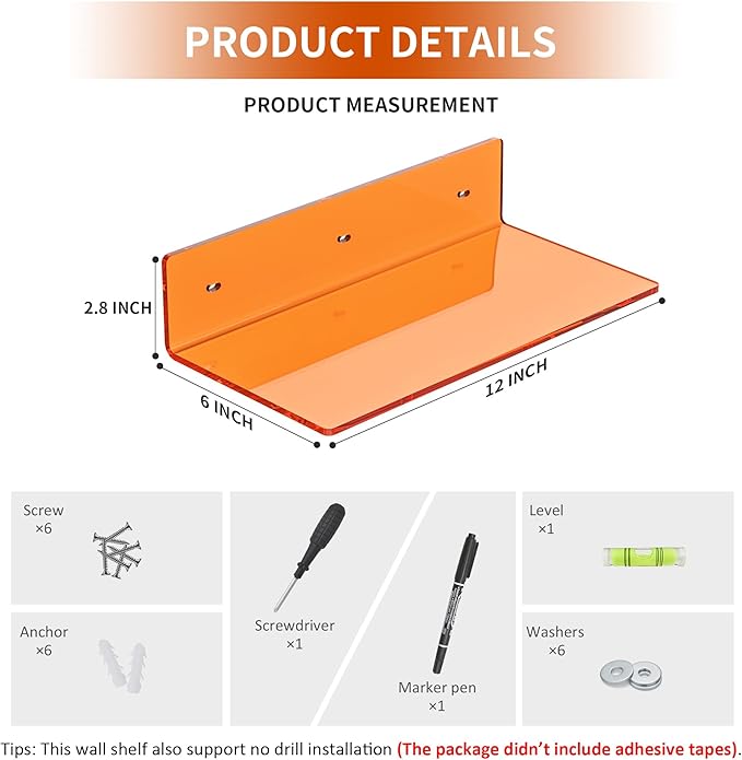 Sezanrpt 12 Inches Small Orange Wall Shelves Set of 2, Acrylic Floating Shelf for Bedroom, Living Room, Funko Pop Shelves, Smart Speaker, 2 Pack