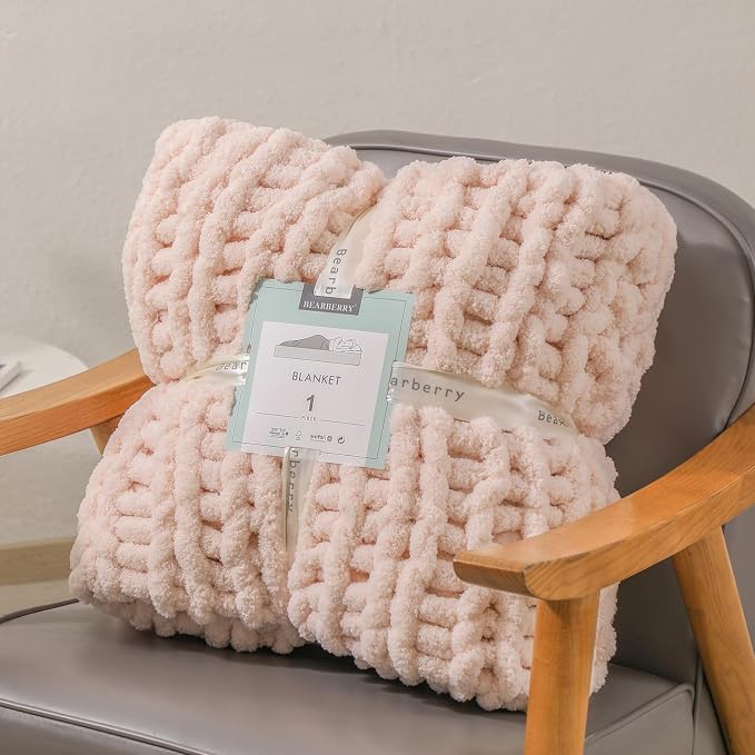 bearberry Chunky Knit Throw Blanket 60x80 Inches Handmade, Soft Jumbo Chenille Yarn with Cable Rope Knot Design | Thick Cozy Large Blanket for Couch, Sofa, Bed & Living Room Home Decor | Pink