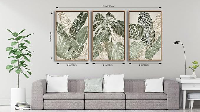 Large Framed Canvas Wall Art - Natural Float Framed Green Plantain Leaves Pictures Decor Brown Leaf Lines Artwork Paintings for Bedroom Living Room Kitchen Home Office Decoration 72" X 36" Set of 3