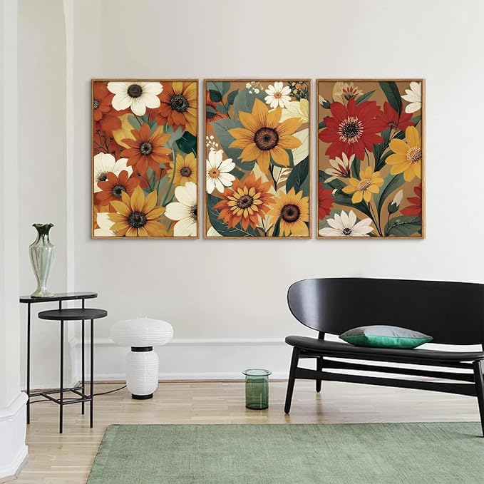 KYLESONLIE Vintage Floral Framed Canvas Wall Art Set, Boho Rustic Sunflower Daisy Wall Decor, Burnt Orange Flower Art Paintings, Retro Colorful Botanical for Living Room Bedroom Farmhouse 16"x24"x3