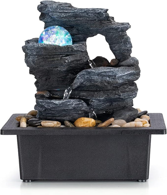 Amootek Tabletop Fountain Rotating Ball Rock Waterfall Fountain Office Includes Many Natural River Rocks Decorated with Colorful Lights, 9.05" L x 6.89" W x 10.23" H