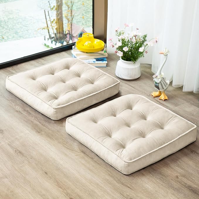 1 MIDDLE ONE Floor Pillow Set of 2, Memory Foam Meditation Cushion, Floor Cushions for Adults Sitting, Large Square Seat Cushions for Yoga, Living Room, 20x20 Inch (Off-White)