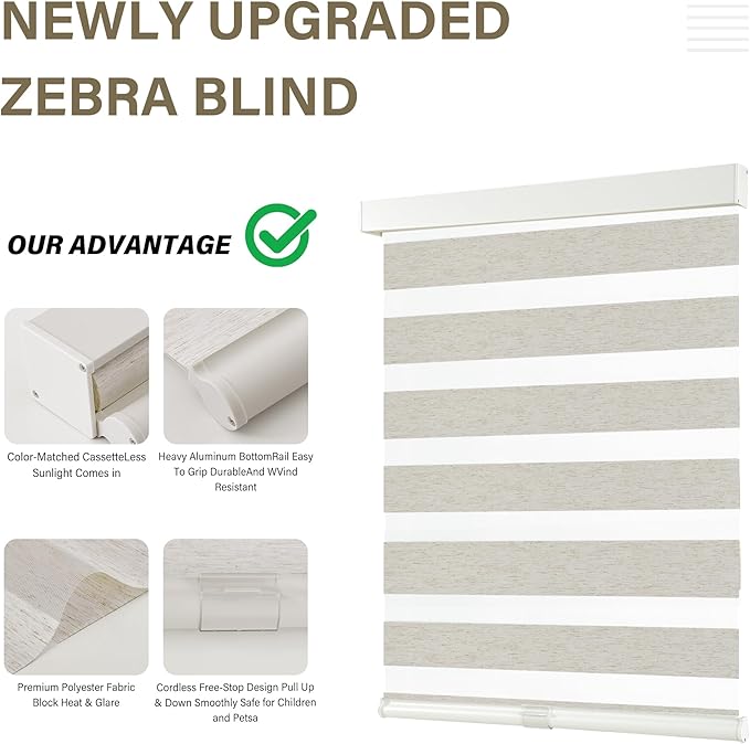 AOSKY Custom Cordless Zebra Blinds for Windows Pull Down Roller Window Shades Dual Layer Light Filtering Privacy for Day and Night, Free-Stop Door Shades for Home Linen Cream