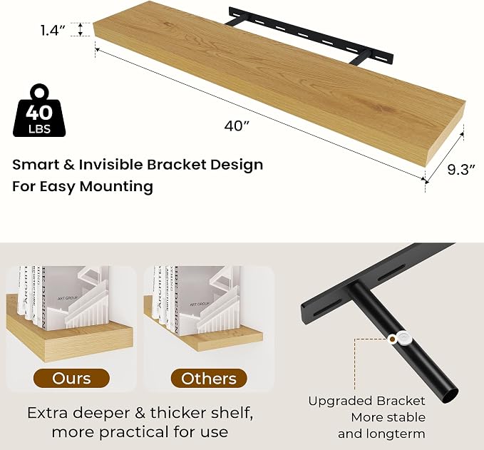 Dreamland 40Inch Floating Shelves 9.3" Deep Wall Mounted Set of 2 Oak | Wall shelves for bathroom, bedroom, Living Room, kitchen, deep wall mount wood storage display for home decor 40" x 9.3"