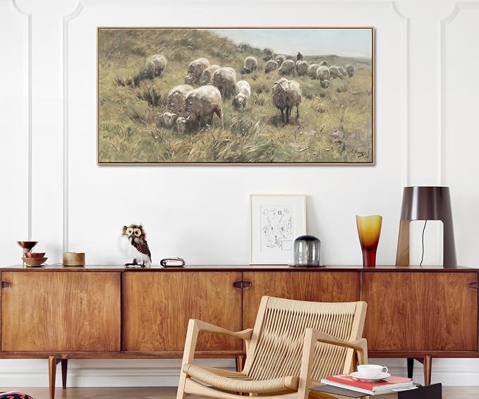 DJSYLIFE Farmhouse Sheep Framed Wall Art, Countryside Landscape | 20x40 Inch Canvas Print, Shepherd & Flock on Dunes, Ready to Hang, Pastoral Scene, Above Sofa for Living Room