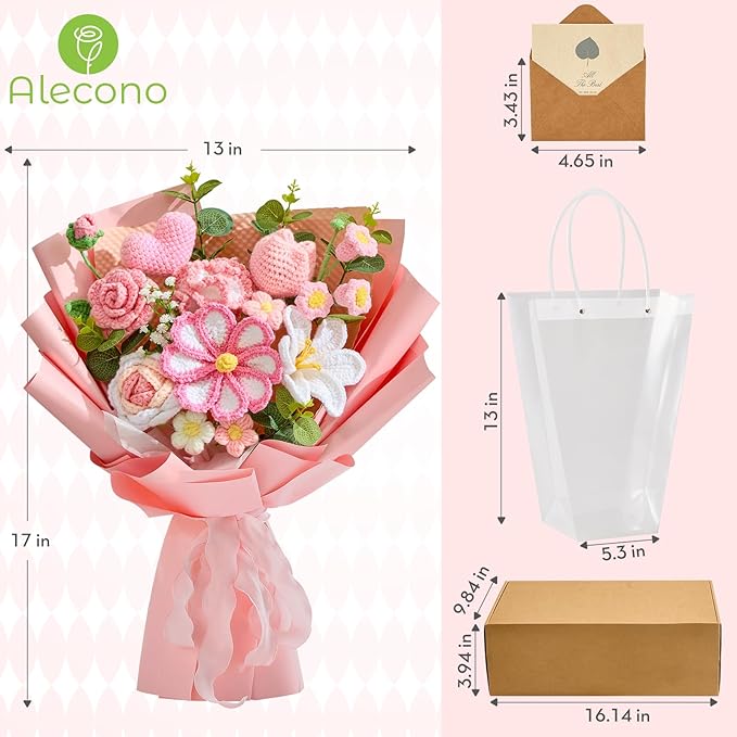 Alecono Large Crochet Flower Bouquet, Pink Knitted Flowers, Crochet Tulip Galsang Flower for Valentines Day Lover Anniversary Birthday Party Mother's Day Graduation Gifts (Include Card)