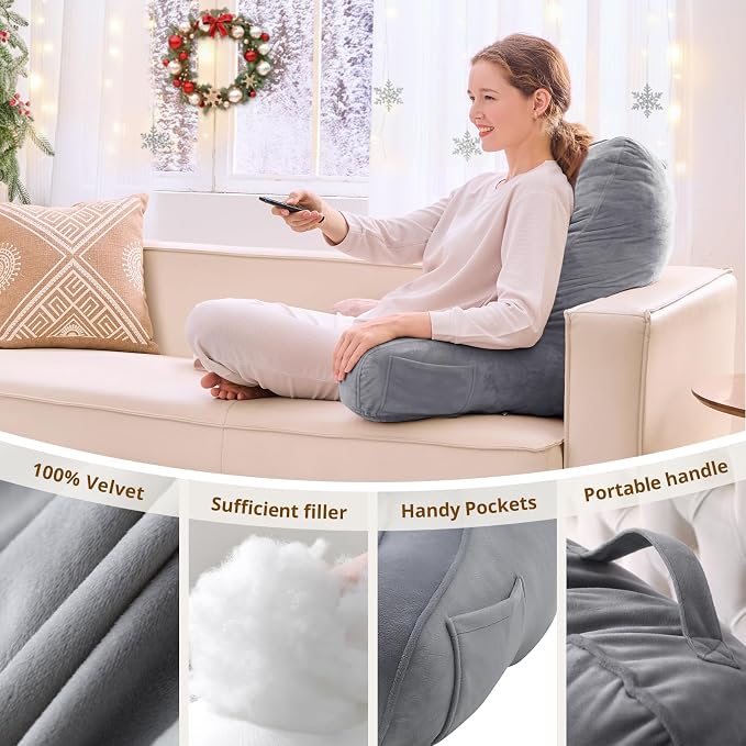 Sasttie Reading Pillow for Bed - 23 Inch, Back Pillow for Bed Sitting Up, Back-Rest Support Cushion with Side Pockets and Arms, Dorm Essentials, Oeko-Tex Certified, Dark Grey