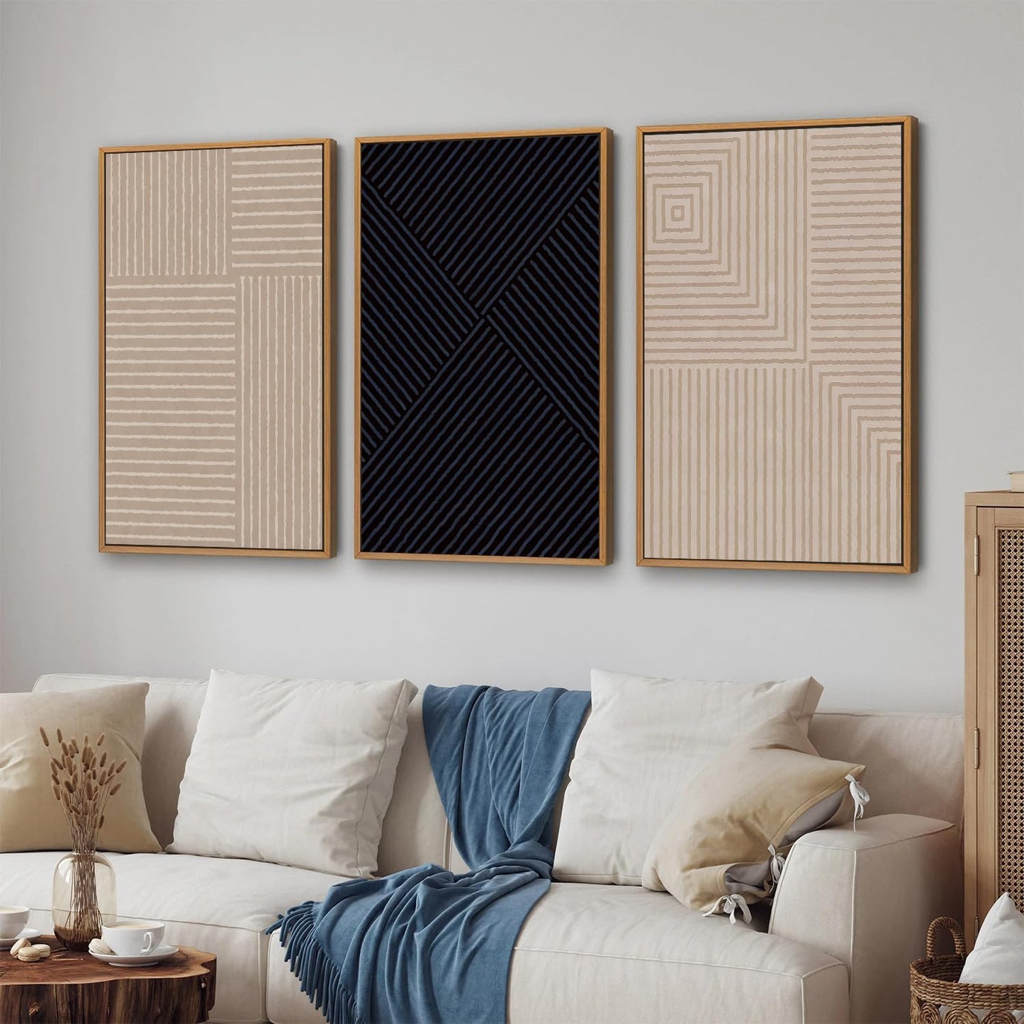 Tinonedraw Mid Century Modern Framed Canvas Wall Art Set of 3, Neutral Abstract Art Prints, Black and Brown Geometric Minimalist Wall Decor for Living Room Bedroom Office Dining Room 16"x24"x3
