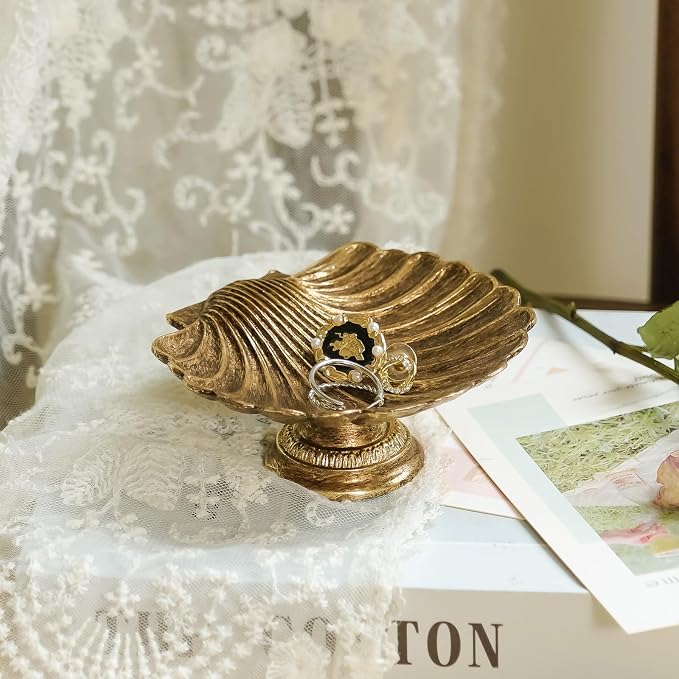 NIKKY HOME Seashell Ring Holder Jewelry Tray, Small Gold Trinket Dish | Coastal Small Metal Decorative Tray for Women, Vintage Storage Organizer for Vanity & Bathroom, Wedding & Engagement Gift