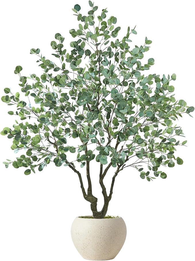 Caxchiling Large Artificial Eucalyptus Tree 8FT, Indoor Outdoor Faux Tree | Natural Trunk with White Planter for Home Office Living Room Front Door Decor
