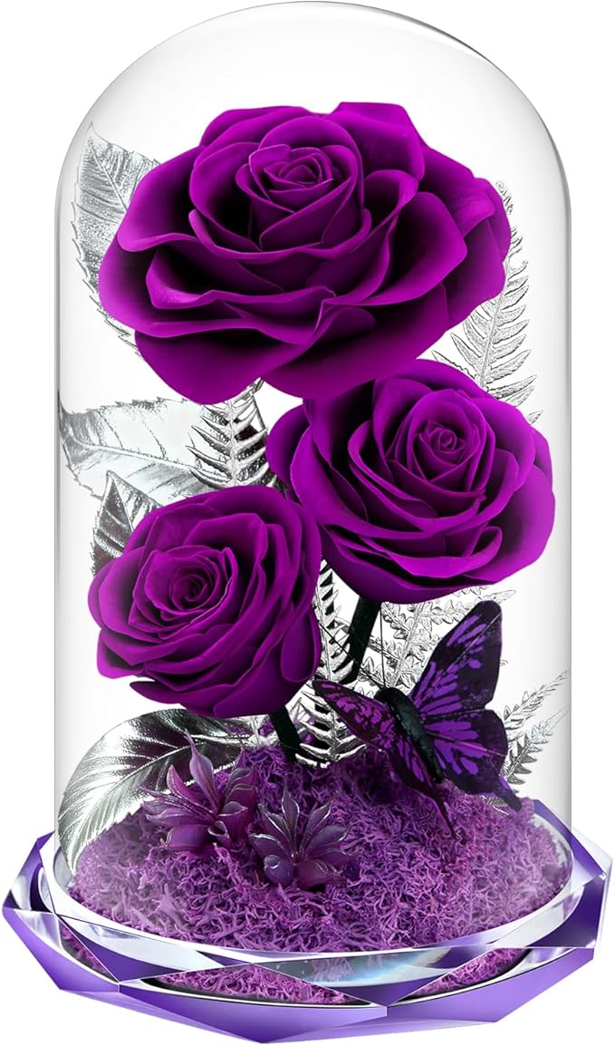 Forever Roses in Glass Dome - Preserved Flowers,Birthday for Her Women Valentine's Day, Mother's Day, Anniversary A-Grade Purple Roses, Home Decor for Girlfriend,Wife, Mom (Purple)
