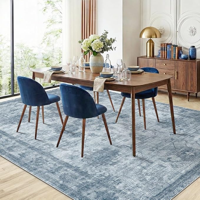 Homemate Washable Rug 10x14 Area Rugs - Vintage Faux Wool Rugs for Living Room Bedroom Dining Room - Non Slip Foldable Carpet Indoor Area Rug for Home Decor（10'x14', Blue