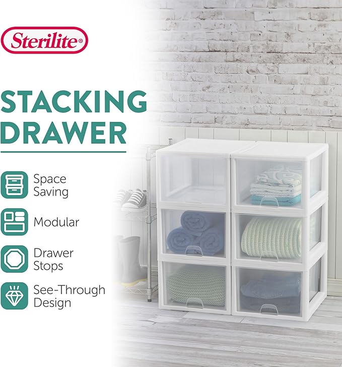 Sterilite 4-Pack Stacking Drawer, Clear Storage Organizer Containers, 27 Quart, White Frame - Stackable and Modular Plastic Drawers for Shoes, Clothes, Accessories, Supplies, Bedding, and Linens