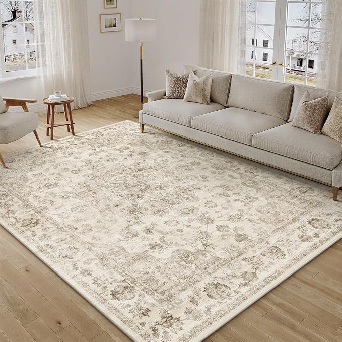 6x9 Washable Neutral Area Rug Beige Vintage Living Room Bedroom Carpet Non-Slip Medium Pile Thicker Floral Indoor Throw Rug for Dining Room Entryway Office