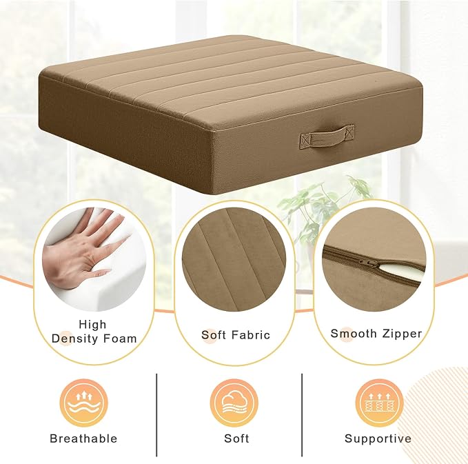 MeMoreCool Square Floor Pillow Seating for Adults Kids, Large Meditation Cushion Floor Pillow with Thick Foam & Soft Tufted Cover, Washable Big Pillow Seat Floor Cushion for Sitting Yoga 22" Coffee