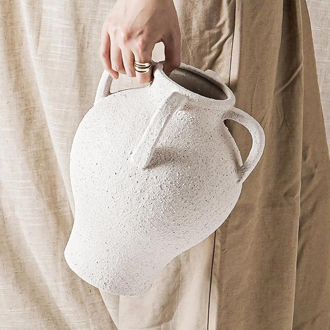 Large White Ceramic Vase - 10.8 Inch Rustic Farmhouse Vase with Handles for Home Decor, Vintage Tall Vases for Living Room, Table, Bathroom, Holiday & Weddings (Rock Sand White)