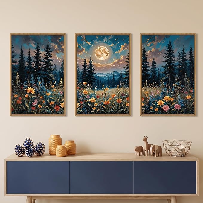 BICERE Large Nature Moon Wildflowers Framed Canvas Wall Art,Vintage Forest Flowers Wall Decor,Dark Mountain Night Painting,Wilderness Artwork for Living Room,Bedroom,Dining Room,Office -16"x24"x3