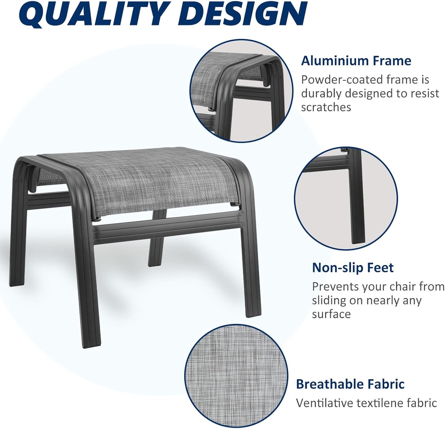 Outdoor Patio Ottoman Seat Textilene Portable Metal Footstool Portable Footrest Patio Chairs 2 Set New Grey