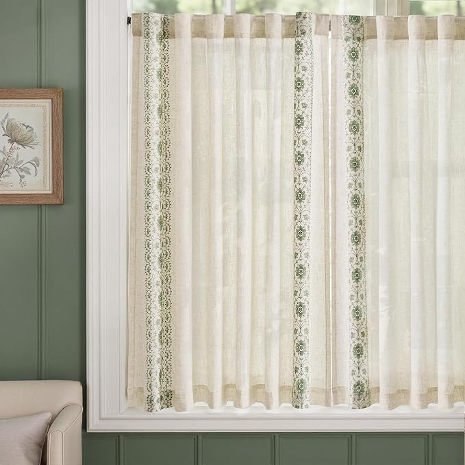 jinchan Small Window Curtains 54 Inch Length Linen Cafe Curtains for Kitchen Bathroom Bordered Floral Embroidered Short Drapes Rustic Farmhouse Light Filtering Curtain Set 2 Panels Green on Beige