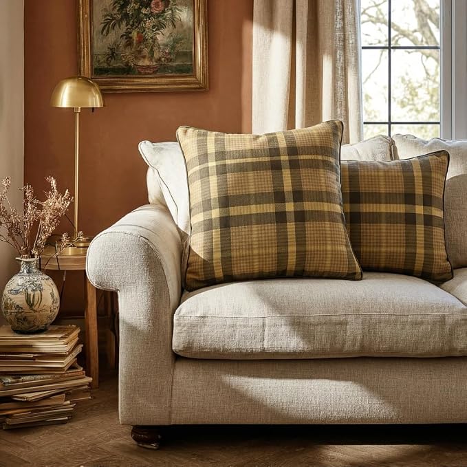 bilin gaier Designer Linen Throw Pillow Covers,18"x18" Set of 2-Seville BN | Vintage Elegant Square Pillow Cover,Concealed Zipper,Plaid Print Pattern,Sofas,Bedroom,Living Room,Lounge Chairs