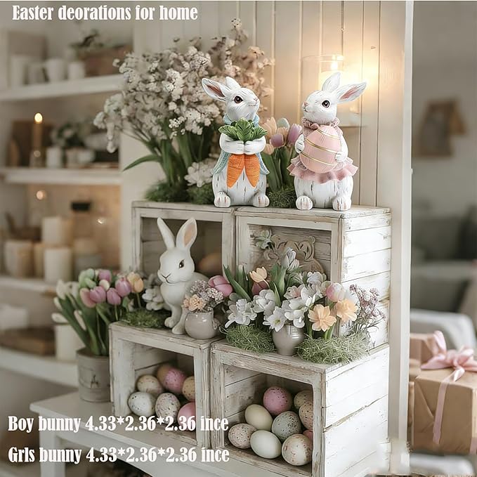 Easter Decorations for Home - 2pcs Resin White Easter Bunny - Small Bunny Statues Figurines Decor for Indoor Table Centerpieces Decorations Tiered Tray,Tabletop - Spring Decor Rabbit 4.33 inch Tall