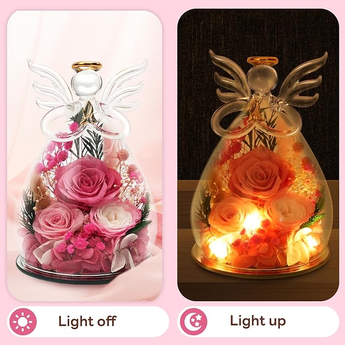Pink Preserved Rose in Glass Angel, Sweet Birthday Gifts for Daughter Sister Girl Best Friend, Real Flower Friendship Mothers Day Presents