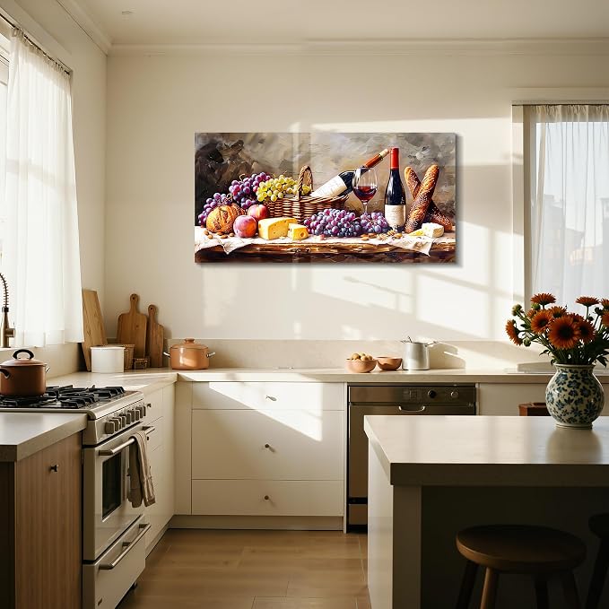 imjiayu Large Wall Art, Kitchen Wall Art, Wine Pictures Wall Decor, Framed Rustic Oil Painting Style Canvas Print, Grape Cheese Bread Still Life Wall Decor, Vintage Dining Room Home Bar Cafe Wall Art, 24"x48"
