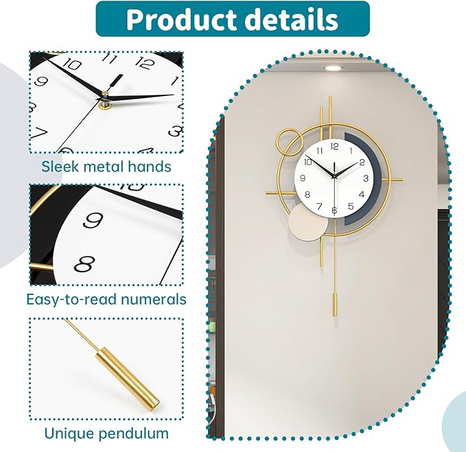Wall Clock Decorative Large Modern Wall Clock Silent Non-Ticking Battery Operated Gold Unique Pendulum Clock for Living Room,Bedroom,Office,Kitchen,Bathroom,Wall Decor 13.8x21.9in