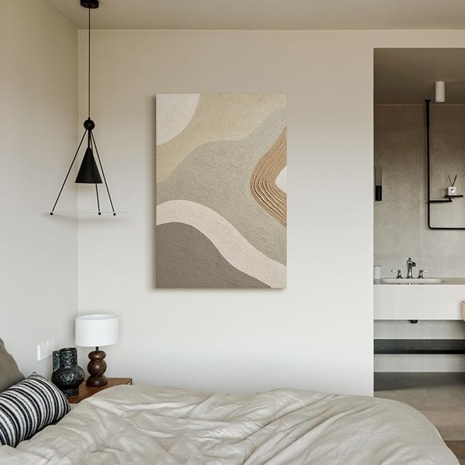Modern Neutral Abstract Canvas Wall Art,3D Textured Oil Painting Wall Decor | Original Hand‑Painted Large Vertical Wall Art with Soft Layered Tones for Living Room Bedroom Office Home Decor Gift 36x24 in