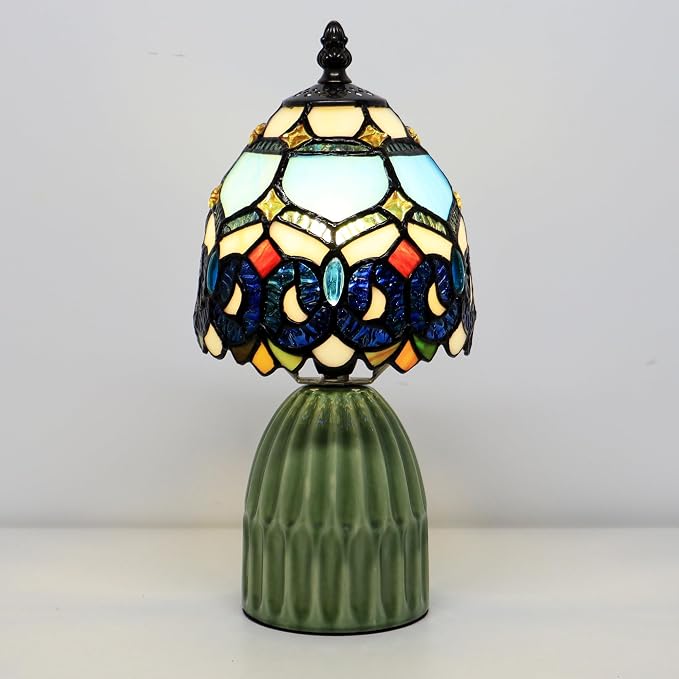 Tiffany Stained Glass Mushroom Table Lamp 12.5 Inch -Blue Jewelry | Tiffany Lamp,6X6X12.5 Inch,Small Night Light,Ceramic Base, Mini Accent Light Suitable,Bedside,Bedroom, Children Room,Antique