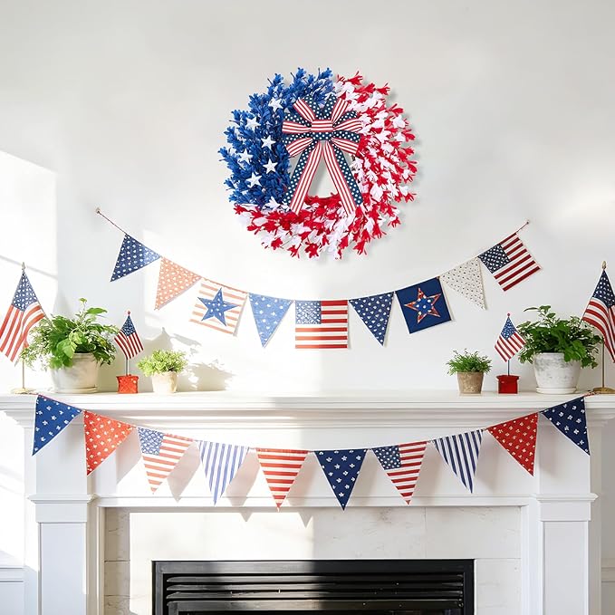 22 inch Patriotic Wreath, 4th of July Wreaths for Front Door, Red White Blue Anniversary Independence Day Memorial Day Wreath Indoor Outdoor Decor