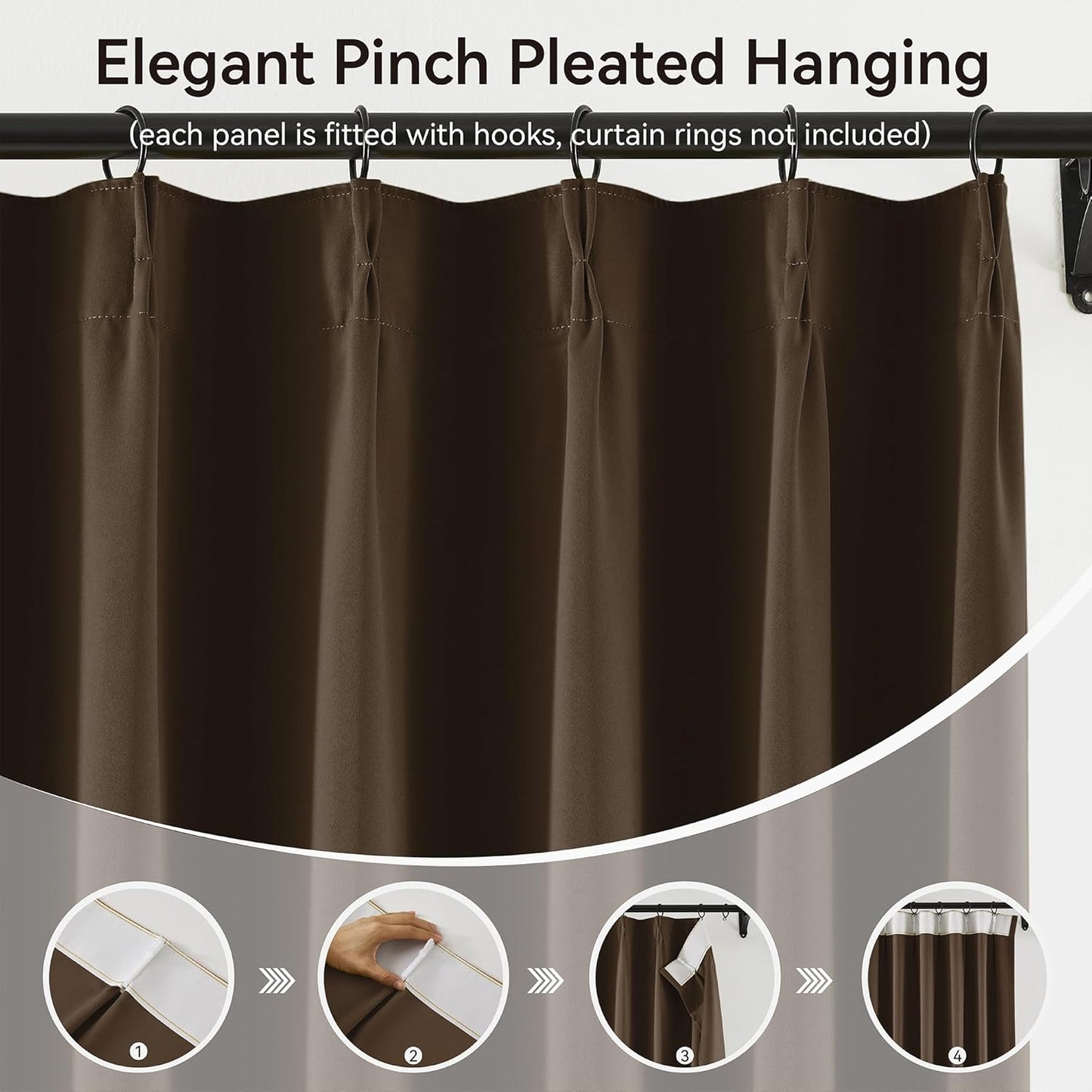 KangBang Dark Brown Blackout Pinch Pleat Curtains 96 Inches Long for Bedroom, Custom Made Pinch Pleated Memory Trained Window Drapes for Living Room Office with Hooks 2 Panels,40”Wx96”L
