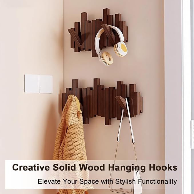 Modern Wooden Coat Rack, key holder wall mount– Handmade Solid Walnut Flip Hook Rack with Hidden Mount, Decorative Entryway Wall Hooks for Coats, Bags & Hats, Space-Saving Design (Black,6Hooks)
