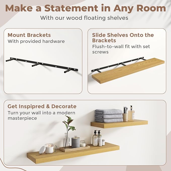 55 Inch Floating Shelves for Wall Set of 2, 8"D Wood Grain Bathroom Shelves with Invisible Brackets, Easy Install Engineered Wood Storage Shelves for Kitchen, Living Room, Bedroom, Oak Finish
