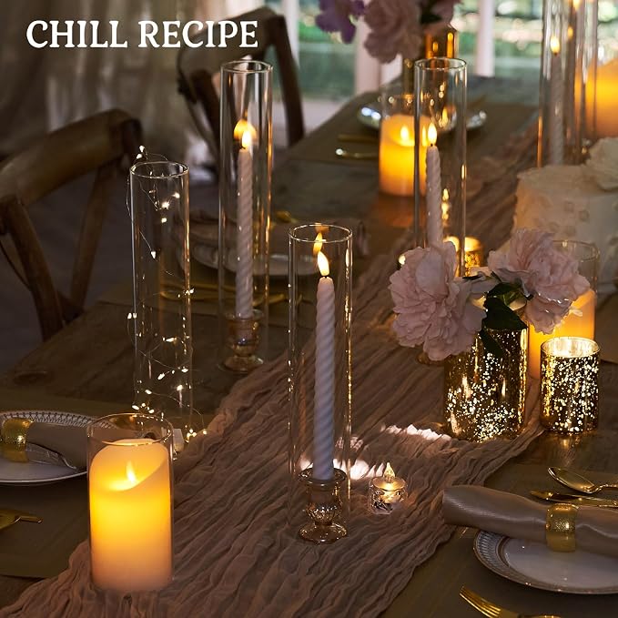 CHILL RECIPE Hurricane Glass Candle Holders-Set of 6 Tall Taper Candle Holder with 14” Tall Clear Cylinder Covers for Wedding Table Centerpiece Home Decor (Gold Base+Clear Chimney)