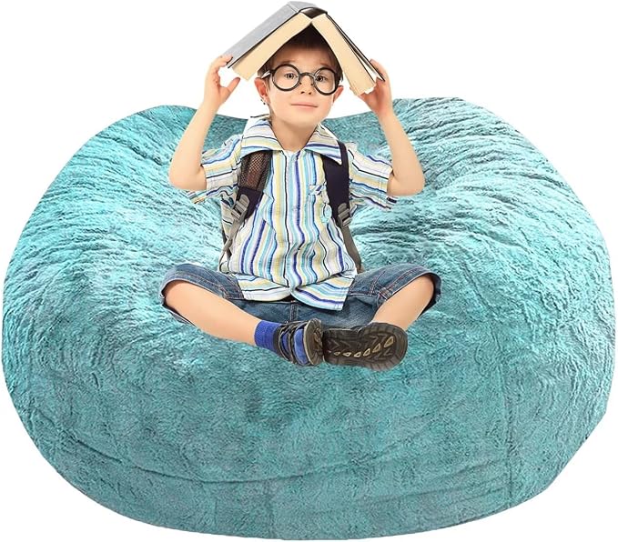 BCU Bean Bag Cover Comfy Beanbag Chair for Adults Without Filler Faux Fur Floor Chair Lazy Sofa Cover Comfy for Living Room Chairs, Blue Green, 3.5FT