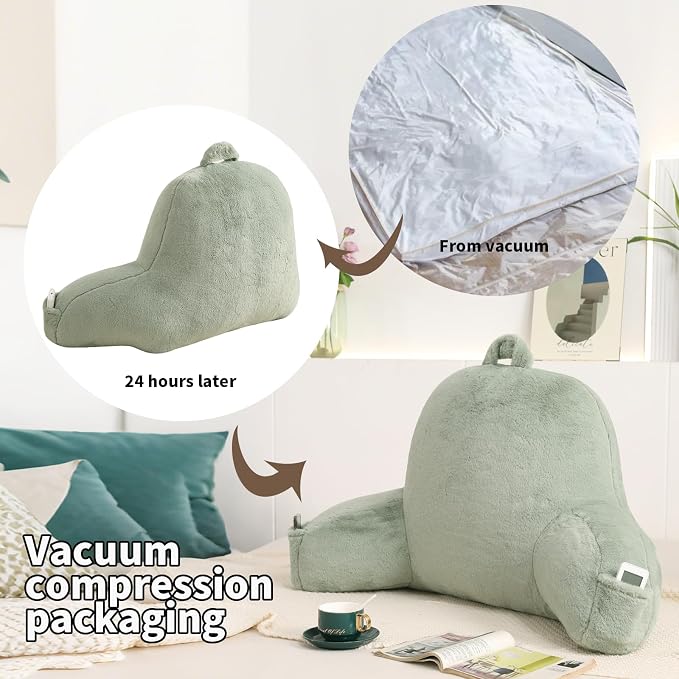 Large Plush Backrest Pillow for Sitting in Bed,Faux Fur,Green | 19" Back Pillow with Arms Supports Adults,College Students,Elbows & Forearms for Dorm Reading,Gaming,Watching TV