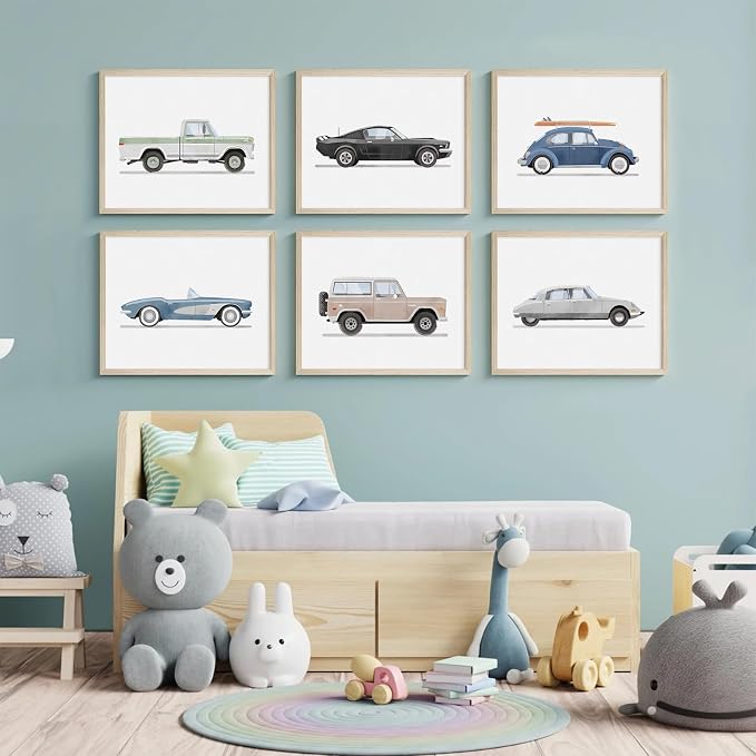 Blue Car Wall Art Decor Boys Room Wall Art Vintage Cars Canvas Poster Pictures Toddler Kids Room Prints Watercolor Vehicle Artwork Painting for Boys Bedroom Nursery 12x16 Inch Wood Framed Set of 6
