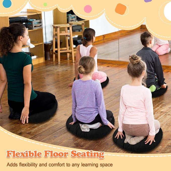 Fumete 8 Pcs 16 Inch Floor Cushions Pillow for Kids Bulk Classroom Round Flexible Seating Floor Cushions for Students Home Daycare School Reading Corner Yoga Meditation Picnic (Black)