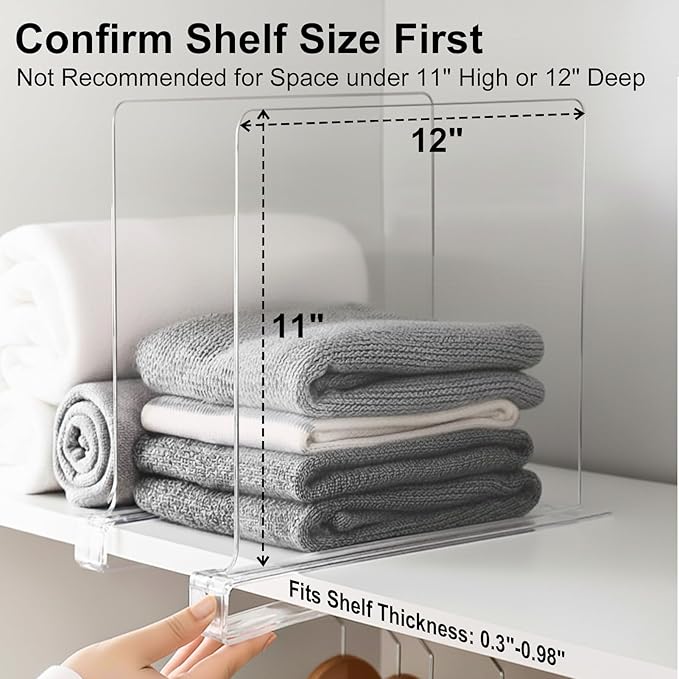 SortNStore Shelf Dividers Purse Organizer for Closet: 11-inch Tall(Extra Tall) Acrylic Sweater Organizer - Upgraded Extra Height for Large Handbags, Totes, Clothes, Towels on Wood Shelves 10-Pack