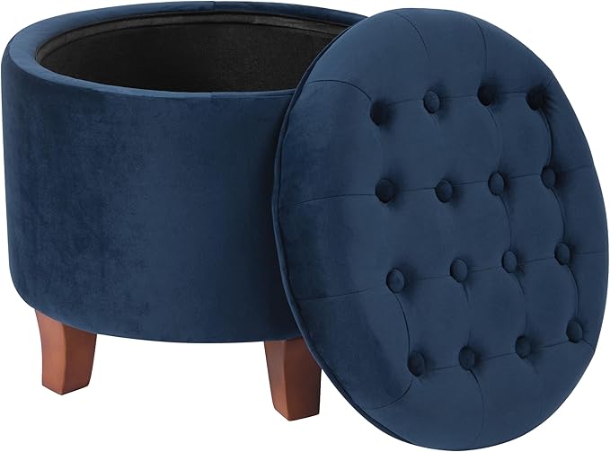 HomePop 19" Velvet Button Tufted Round Storage Ottoman - Navy Blue
