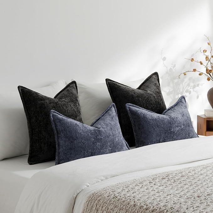 DEZENE Pack of 2 Black Decorative Throw Pillow Covers 22x22 Cozy Soft Chenille Accent Vintage Square Couch Pillow Covers for Home Decor Bed Sofa Living Room