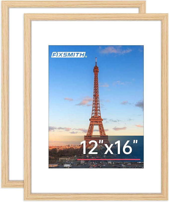 FIXSMITH 12x16 Picture Frame Natural Set of 2, Photo Frame with HD Plexiglass, Display Pictures 8.5x11 with Mat or 11x17 Without Mat, Natural Picture Frames Collage Wall Decor, Gallary Wall Frame
