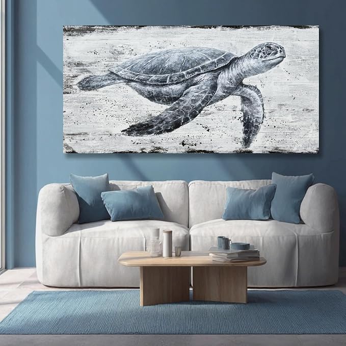 Hue7Art Ocean Inspired Turtle Canvas Wall Art Style Marine Animal Painting, Coastal Theme Artwork for Living Room Bedroom Bathroom Beach Home Decor 24x48 Inch