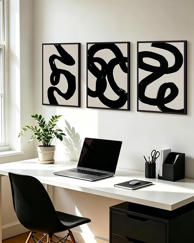 PHOPAGO Black Abstract Modern Framed Wall Art Ink Wash Minimalist Thick Black Lines Paints Artwork Bedroom Living Room Home Decor - 12x16in Black Framed