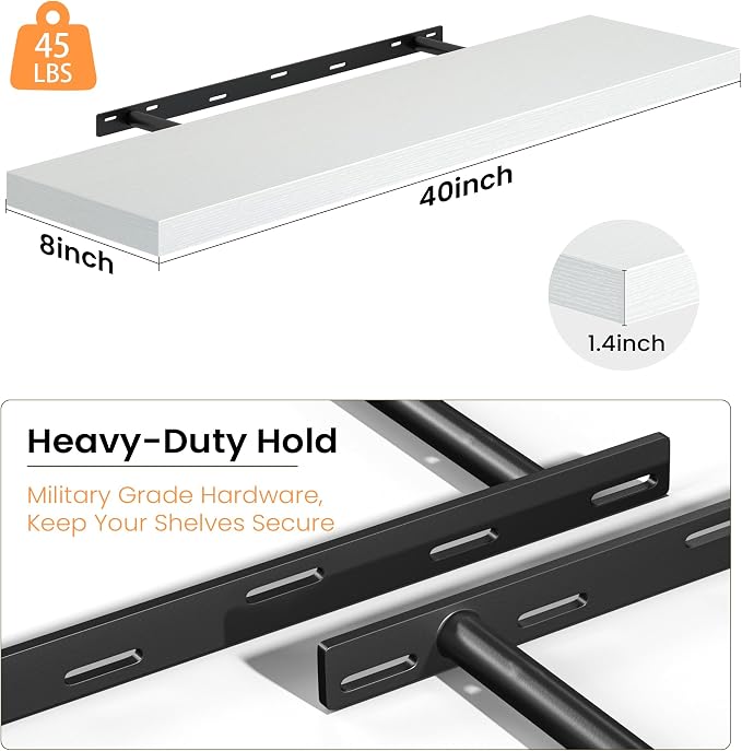 Fun Memories Floating Shelves for Wall, 40 Inch Long Set of 2 Rustic Wood Wall Shelves with Invisible Brackets, Heavy Duty Storage Display for Living Room Bedroom Kitchen, White