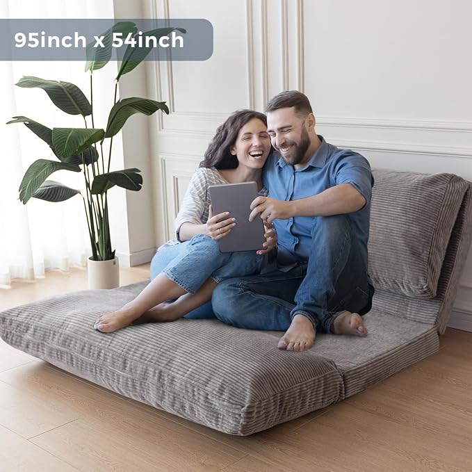 MAXYOYO Folding Sofa Bed, Extra Thick and Long Floor Sofa Convertible Chair with Washable Cover, Floor Couch Lounge Bean Bag Bed for Living Room, Grey, 54x91 Inch