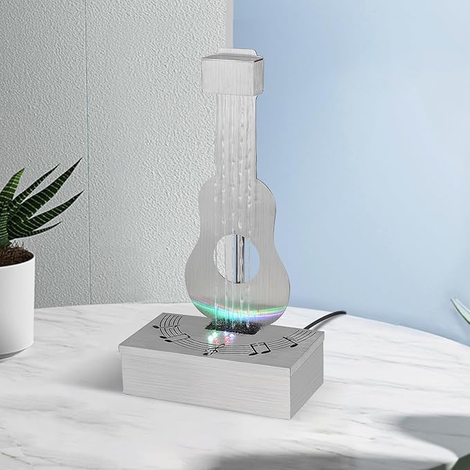Pamopamo Indoor Tabletop Fountain with 3-Color LED Lights, 304 Stainless Steel Guitar-Shaped Desktop Meditation Waterfall for Home & Office Décor, Relaxing Water Feature Air-Purifying Gift