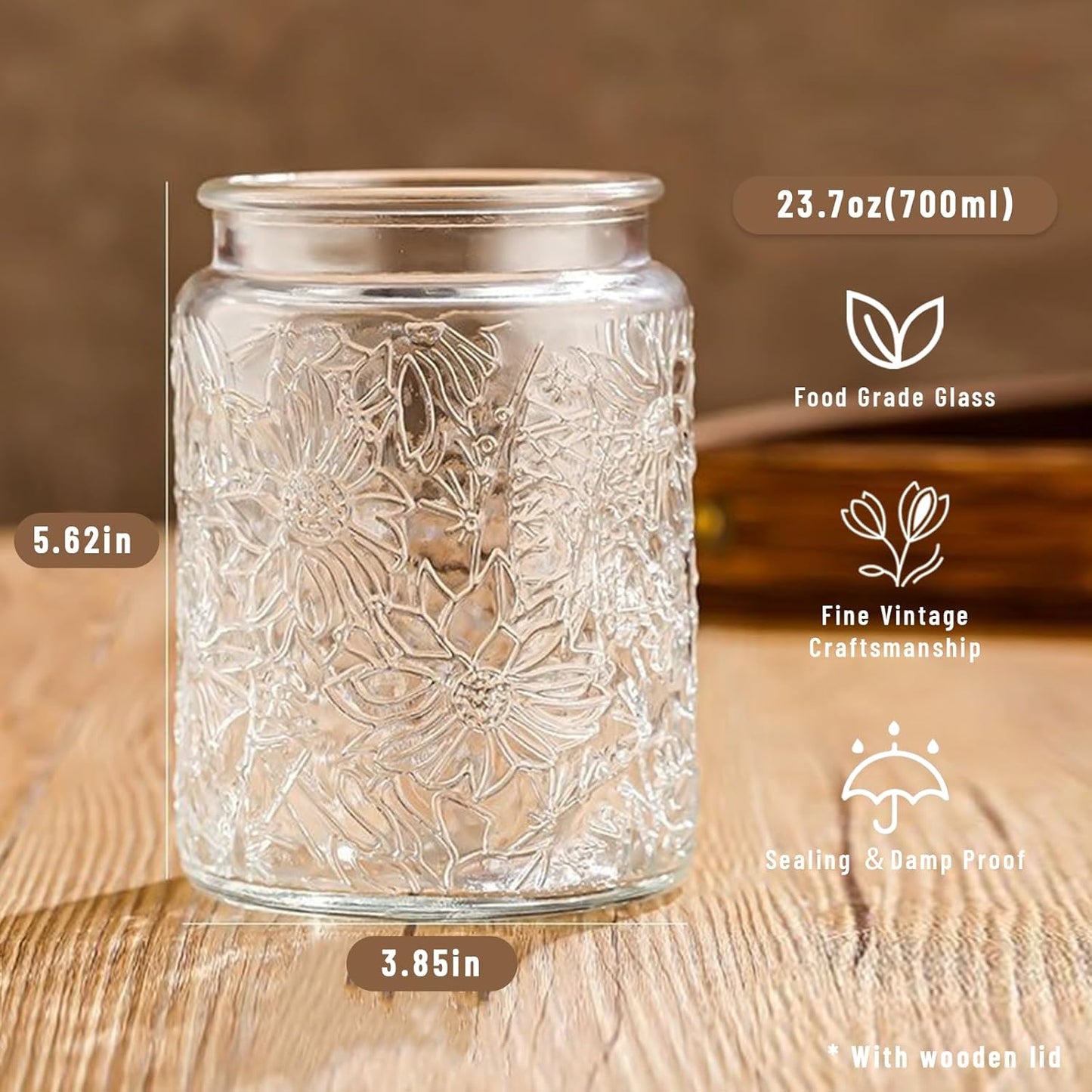 Vintage Glass Jars with Wooden Lids, 24 oz Airtight Glass Food Storage Containers Sets for the Kitchen, Sugar Coffee Tea Cookie Candy Spice Pasta